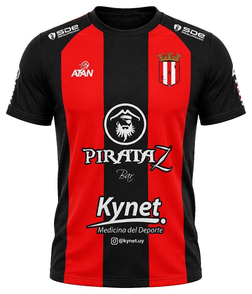 Camiseta alternativa 2026 del Atlético Fernandino, negra con franja roja central.